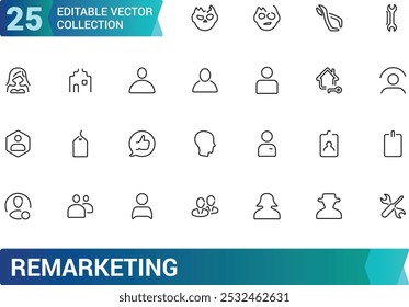 Remarketing icons set in line style. Outline set of advertising and Marketing icons for web design. Editable stroke, Pixel perfect, vector illustration.