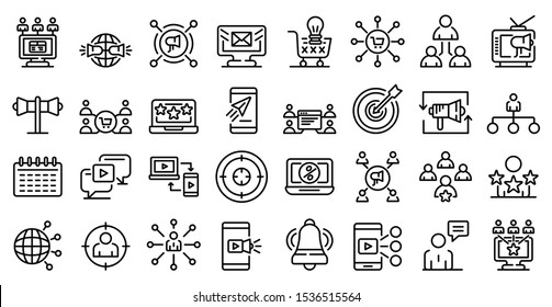 Remarketing icons set. Outline set of remarketing vector icons for web design isolated on white background