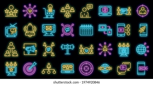 Remarketing icons set. Outline set of remarketing vector icons neon color on black