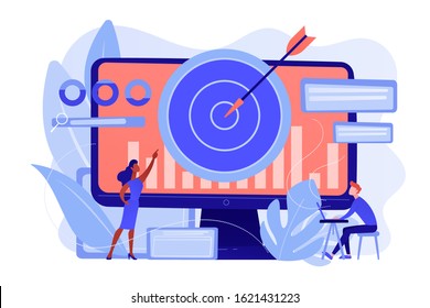 Remarketing manager and specialist put targeted ads. Remarketing strategy, digital marketing tool, visitors generation methodology concept. Pinkish coral bluevector isolated illustration