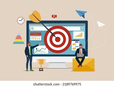 Remarketing manager and specialist put targeted ads. Remarketing strategy, digital marketing tool, visitors generation methodology concept. Trendy style vector illustration