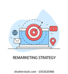 Re-marketing strategy, Customer re-targeting flat line vector concept with icons