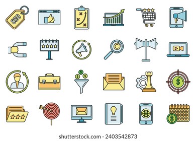Remarketing strategy icons set. Outline set of remarketing strategy vector icons thin line color flat on white