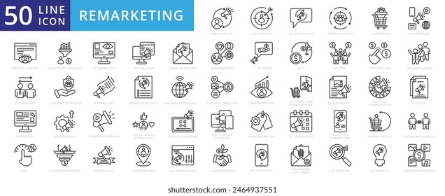 Remarking icon set with retargeting, advertisement, audience, conversion, ad campaign, website visitors and engagement.