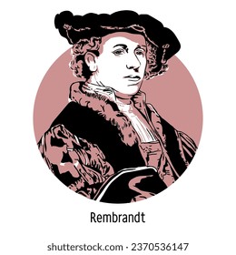 Rembrandt - Dutch artist of the Golden Age of the Netherlands: painter. Hand drawn vector illustration.