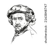 Rembrandt Van Rijn 1606-1669 Dutch draughtsman painter and engraver of ancient linear drawing. Vector portrait