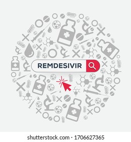 (Remdesivir) Word written in search bar, It is antiviral drug under study as treatment for COVID-19, Vector illustration.
