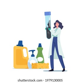 Remediation Specialist Character in Uniform Inspect Walls Collect Black Mold into Test Tube. Tiny Woman with Huge Beaker Learning Mildew Spores for Extermination. Cartoon People Vector Illustration