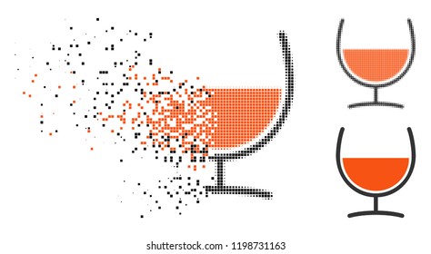 Remedy glass icon in dispersed, dotted halftone and undamaged solid variants. Fragments are organized into vector disappearing remedy glass form. Disappearing effect involves rectangular dots.