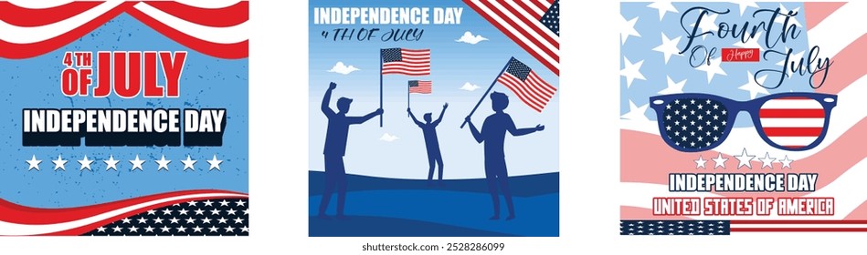 Remember and Independence day. People Holding the Flag of USA. Independence day USA sale promotion. Set flat vector modern illustration 