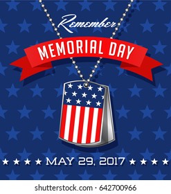 Remember Memorial Day. Soldier's dog tags with American flag design. Vector illustration. Square design for cards, social media, banners.