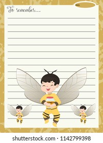 To remember page for girl. Personal diary page with bee-boy. Cute template for the text.