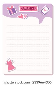 Remember planner sheet. Pink girly organizer or notebook page. School stationery, hearts, gift box and cute dress. Striped frame for text. Childish design of check list. Vector illustration