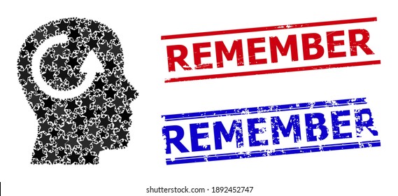 Erinnern Sie sich an Sternmuster und Grunge Erinnern Sie sich an Robben. Rote und blaue Robben mit Not-Oberfläche und Erinnern Sie sich an Slogan. Abstrakte Erinnerungskollektion wird mit randomisierten flachen Sternteilen erstellt.