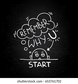 Remember why you started. Inspirational quote in cartoon style. Hand drawn illustration with hand lettering. Vector calligraphy for print on tshirts, bags, stationary, postesr, fabrics, and cards