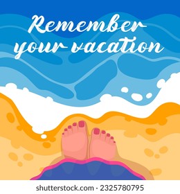 Recuerda tu cartel de vacaciones con piernas desnudas de mujer en la ilustración de los vectores de playa. Selfie de caricatura vista superior de los pies femeninos con uñas rojas y pedicura, muchacha descalza sobre la arena cerca de las olas de la playa