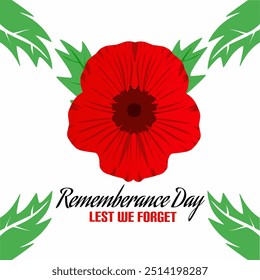 Rememberance day design banner with decorative red poppy flower, leaves, and lest we forget text. Editable eps vector file.