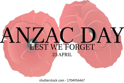 Remembering Anzac Day. "Anzac Day" inscription with words "lest we forget" and date with faded poppies in the background.