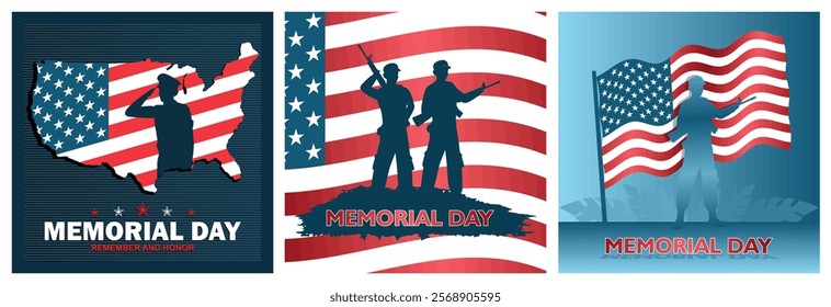 Remembering and honoring all who have served.Silhouette of a soldier with a US flag. Memorial Day with an American flag. Memorial Day concept. Set flat vector illustration.