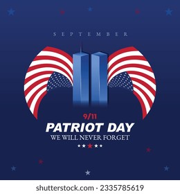Remembering September 9 11. Patriot Day. September 11. Never Forget USA 9 11. Twin Towers On American Flag. World Trade Center Nine Eleven. Vector Design Template With Red, White And Blue Colours