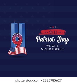 Remembering September 9 11. Patriot Day. September 11. Never Forget USA 9 11. Twin Towers On American Flag. World Trade Center Nine Eleven. Vector Design Template With Red, White And Blue Colours