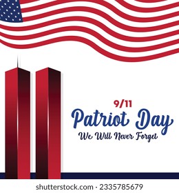 Remembering September 9 11. Patriot Day. September 11. Never Forget USA 9 11. Twin Towers On American Flag. World Trade Center Nine Eleven. Vector Design Template With Red, White And Blue Colours