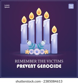 Remembering The Victims Prevents Genocide. Candles lined up to form a human hand with floral elements. 3d vector, suitable for events and campaigns