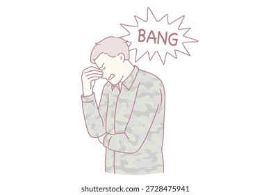 Recordando la guerra y el concepto de batalla. Soldado triste y estresado de pie tocando la cara recordando peleas de guerra y batallas de armas con letras bang bang alrededor de la Ilustración vectorial
