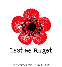 Lembrança e papoula do dia de Anzac. Não esqueçamos a flor vermelha. Banner memorial do armistício para o Canadá, Austrália e Reino Unido. Lembre-se de desenhar giz de cera. Cartaz do dia da lembrança da guerra mundial com flor de papoula de giz vermelho