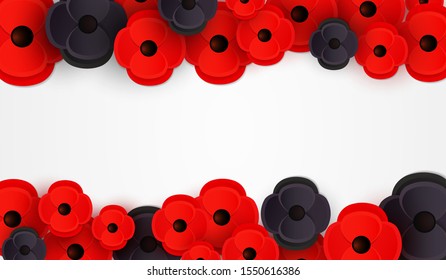 Remembrance, Anzac Day web banner. Paper cut Red Poppy flower - International symbol of peace. Memorial header, social network poster with a place for text. Invitation, print. Vector Illustration EPS