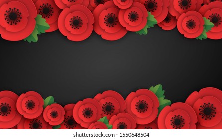 Remembrance, Anzac Day web banner. Paper cut Red Poppy flower - International symbol of peace. Memorial header, social network poster with a place for text. Invitation, print. Vector Illustration file