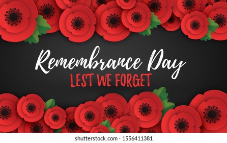 Remembrance, Anzac Day web banner. Paper cut Red Poppy flower - International symbol of peace. Memorial header, social network poster with a place for text. Invitation, print. Vector Illustration file