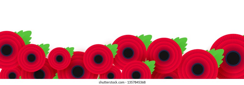 Remembrance, Anzac Day web header. Paper cut Red Poppy flower - International symbol of peace. Memorial banner, poster with a place for text. Invitation, craft origami print. Vector Illustration.