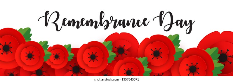 Remembrance, Anzac Day web header. Paper cut Red Poppy flower - International symbol of peace. Memorial banner, poster with a place for text. Invitation, craft origami print. Vector Illustration.