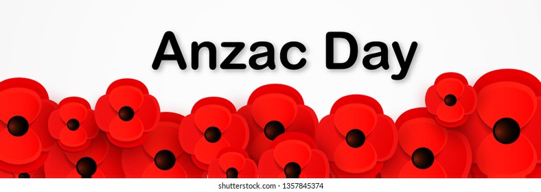 Remembrance, Anzac Day web header. Paper cut Red Poppy flower - International symbol of peace. Memorial banner, poster with a place for text. Invitation, craft origami print. Vector Illustration.