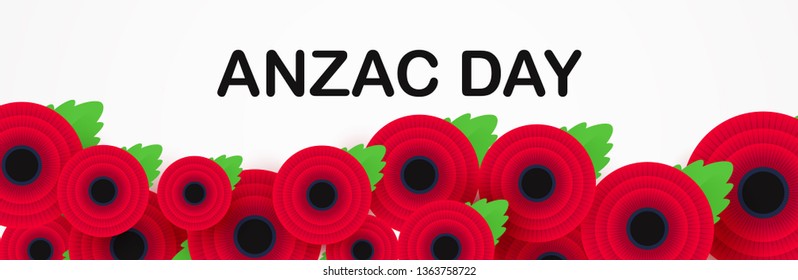 Remembrance, Anzac Day web header. Paper cut Red Poppy flower - International symbol of peace. Memorial banner, poster with a place for text. Invitation, craft origami print. Vector Illustration.