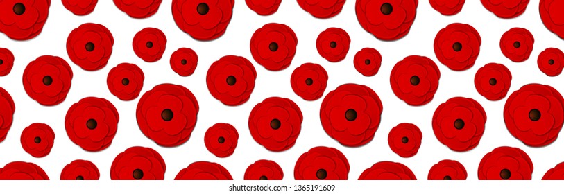Remembrance, Anzac Day web header. Paper cut Red Poppy flower - International symbol of peace. Memorial banner, poster with a place for text. Invitation, craft origami print. Vector Illustration.