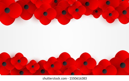 Remembrance, Anzac Day web header. Paper cut Red Poppy flower - International symbol of peace. Memorial banner, poster with a place for text. Invitation, craft origami print. Vector Illustration EPS