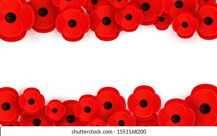 Remembrance, Anzac Day web header. Paper cut Red Poppy flower - International symbol of peace. Memorial banner, poster with a place for text. Invitation, craft origami print. Vector Illustration EPS