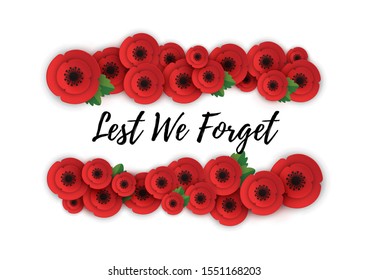 Remembrance, Anzac Day web header. Paper cut Red Poppy flower - International symbol of peace. Memorial banner, poster with a place for text. Invitation, craft origami print. Vector Illustration EPS