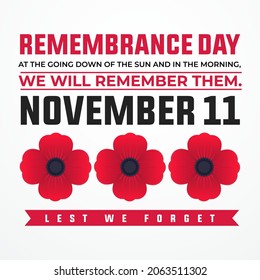 remembrance day 11th November, lest we forget modern creative banner, sign, design concept, template with red poppy