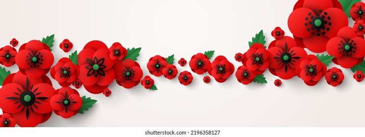 Remembrance Day abstract wallpaper, header template. Memorial card, paper cut poppy flowers, border frame. Vector illustration. Craft spring poster. Place for text. Anzac banner concept design