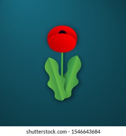 Remembrance Day, Anzac Poppy flower. November Poppies branch card. Paper cut Red Poppy - symbol of Peace. Memorial military poster, banner, invitation with a Text field. Red Dates Layered Vector plant