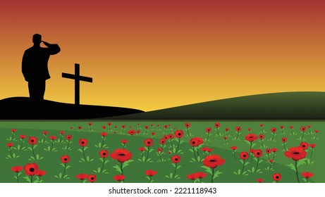 Remembrance day background with silhouette of a soldier alone in flower field with free space area as background text template