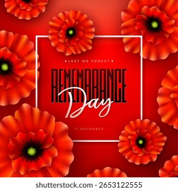 Design de banner do dia da lembrança com flor de papoula vermelha e para que não esqueçamos a tipografia com fundo vermelho. Vetor 11 de novembro: Dia Internacional em Memória às Forças Armadas em homenagem a Anzac