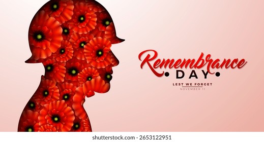 Remembrance Day Banner Design with Red Poppy Flowers in Patriotic Soldier Silhouette and Lest we Forget Typography Lettering on Clean Background. Vector November 11 International Memorial Day
