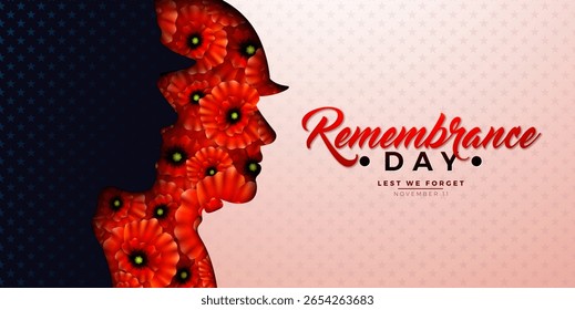 Dia da Lembrança Banner Design com Flores de Papoilas Vermelhas na Silhueta Patriótica Soldado e Lest We Forget Typography Lettering on Clean Background. Vetor 11 de novembro Dia Internacional do Memorial