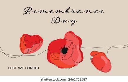 Remembrance day banner. Horizontal banner with outline red poppy flowers with remembrance day text on beige background. Lest We forget. International symbol of peace. Vector illustration.