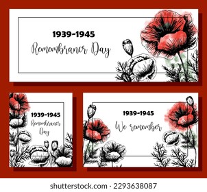 Juego de banners del Día de Recuerdo. Afiche sobre la Segunda Guerra Mundial 1939-1945. Los pimientos rojos son un símbolo de memoria y dolor.