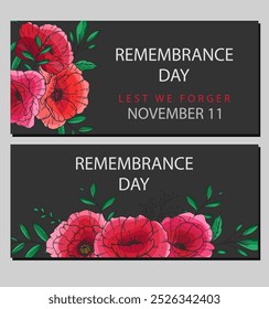 Remembrance day banner template design. Lest we Forget.Poppy Flower Vector Illustration. Red Poppies. Botanical Background. Hand drawn floral background template.  Poppy Bouquet. 